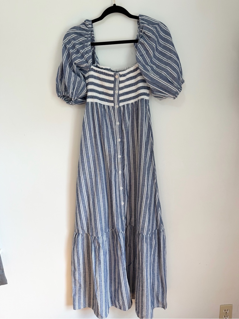 Emerson Fry x Love Tomas Striped Smocked Cotton Maxi Dress XS/S Puff Sleeve